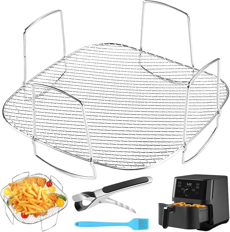 8 inch Square Air Fryer Rack with Food Tong & Oil Brush, Lancisism Stainless Steel Dehydrator Rack Square Air Fryer