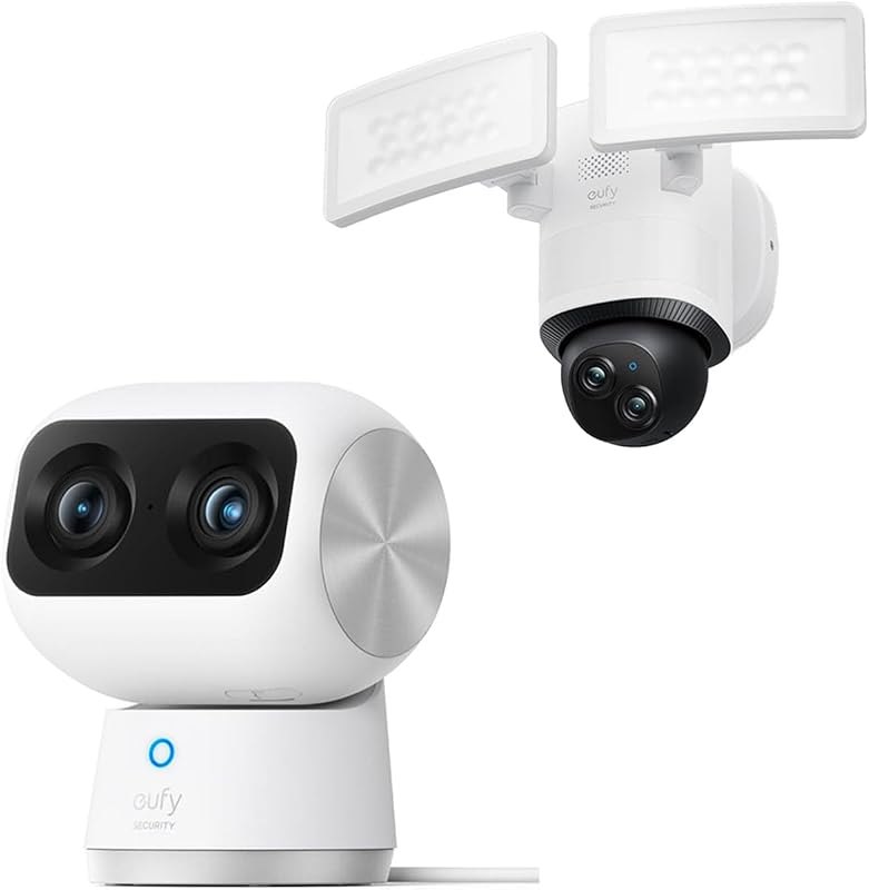 eufy Security Floodlight Camera E340 Wired, 360° Pan and Tilt Indoor Cam S350, Dual Cameras, 4K UHD Resolution