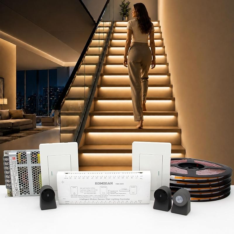KMG-3233 Motion-Activated LED Stair Lighting Kit with Wall Switch, 42" Long Cuttable LED Strip Light for Indoor LED