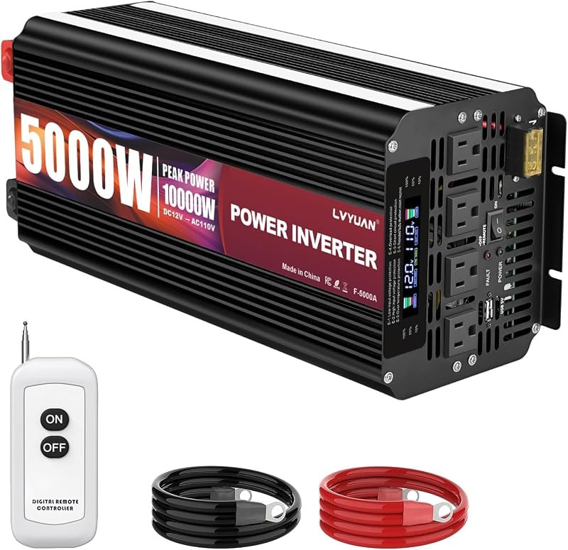 LVYUAN 5000 Watt Power Inverter 12V to 110V 120V with 4 AC Outlets, LCD Display, Wireless Remote Control for Vehicle