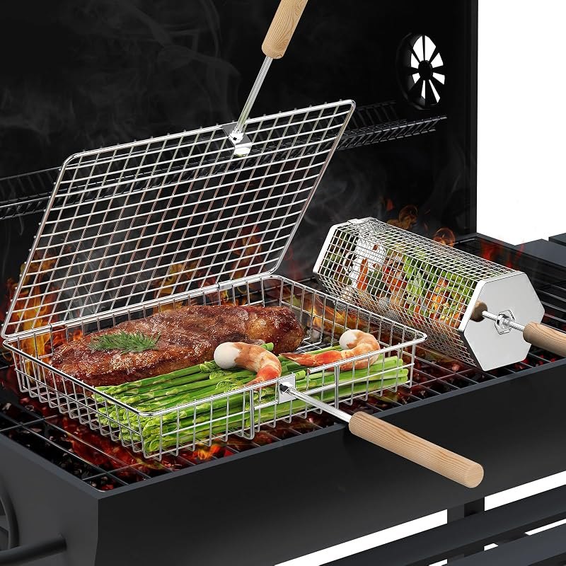 Grill Basket Set, BBQ Accessories, Outdoor Camping Cooking, Gifts for Men — best stainless steel grill basket for