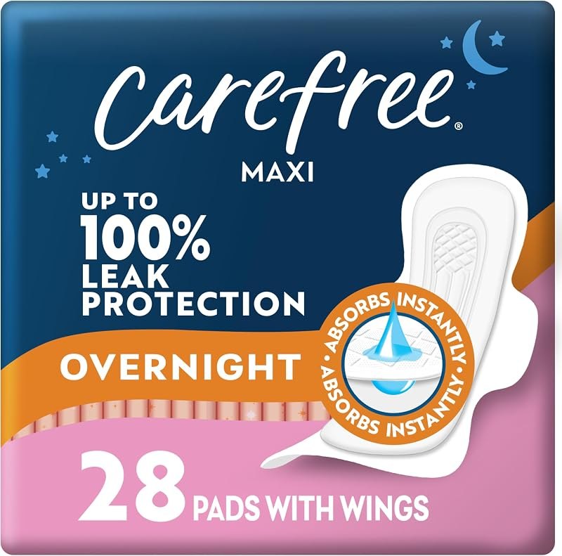 Carefree Maxi Pads for Women, Overnight with Wings, 28ct — maxi pad with wings for maxi pad wings