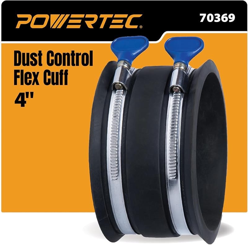 POWERTEC 70369 4 Inch Dust Control Flex Cuff with Adjustable Key Hose Clamps, Hose Connector Rubber Cuff Coupler for