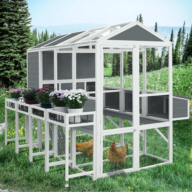 Chicken Coop with Chicken Run, Outdoor Hutch with Nesting Boxes, Wooden Walk-in Chicken House with Pull Out Trays