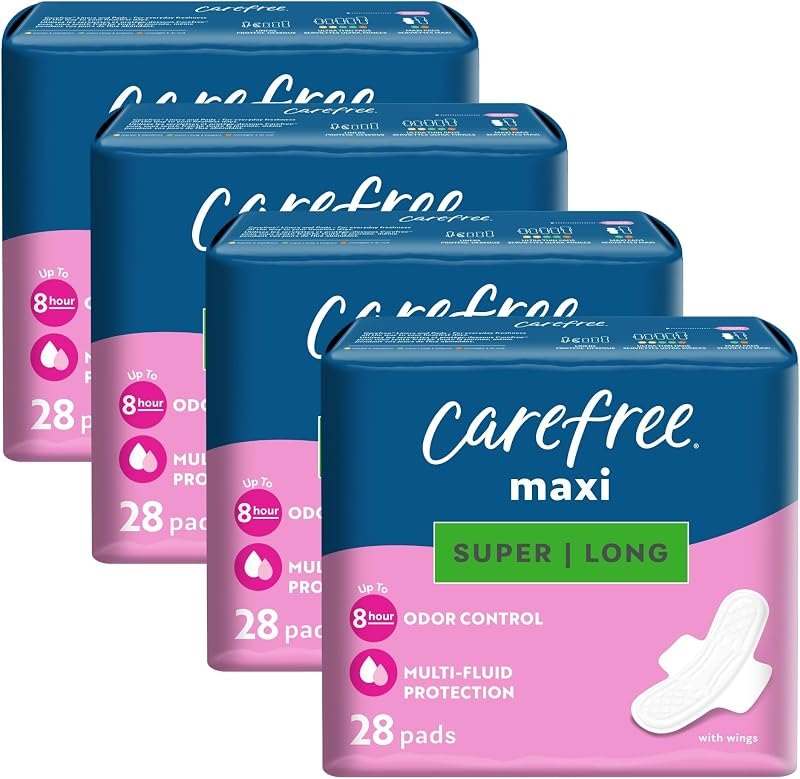 Carefree Maxi Pads for Women, Super/Long Pads with Wings, 112ct (4 Packs of 28ct) — maxi pad with wings for maxi pad