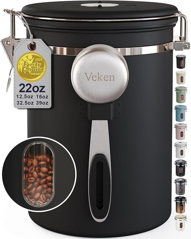 Veken Coffee Canister with Window, Airtight Stainless Steel Container, 22OZ — coffee storage canister for coffee