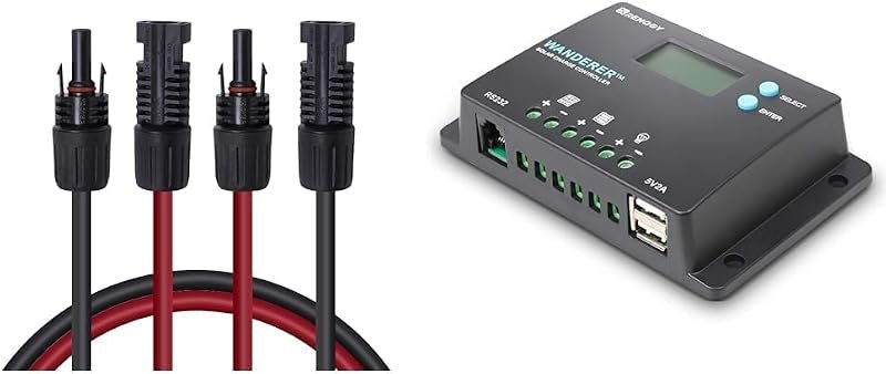 Renogy 20FT 12AWG Solar Panel Female and Male Connectors, Extension Cables-Pair & 10 Amp 12V/24V PWM Negative Ground