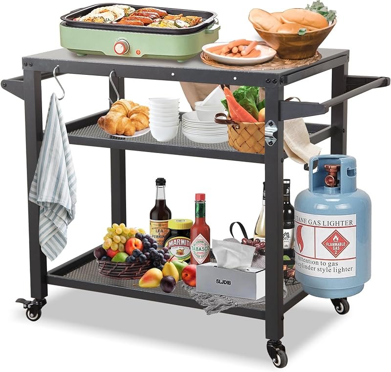 Domi 3-Shelf Outdoor Grill Table, Grill Cart Outdoor with Wheels, Pizza Oven and Food Prep Table, Blackstone with