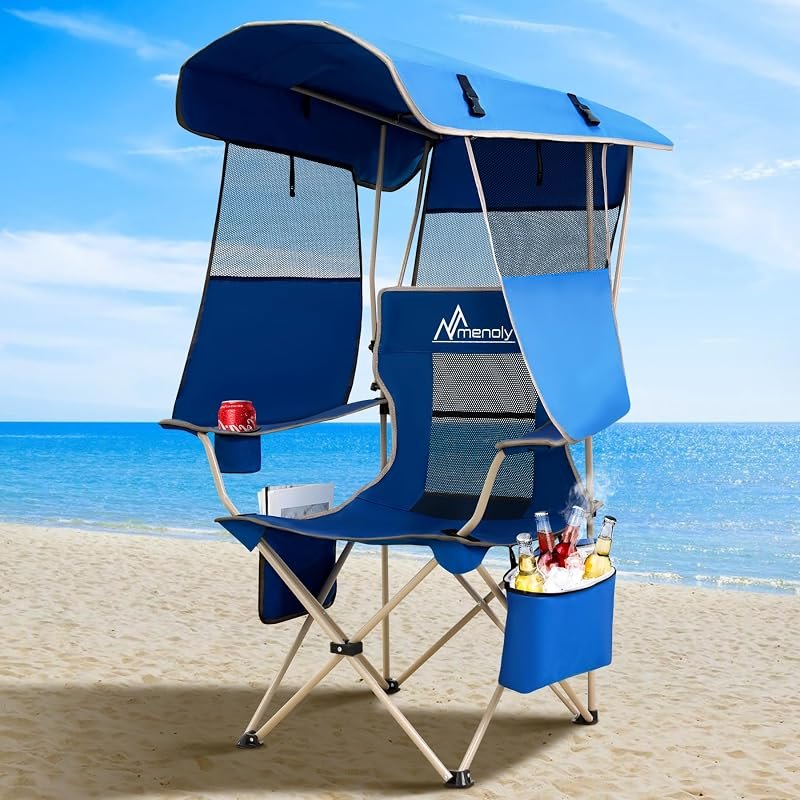 MENOLY Camping Chair with Shade Canopy, Folding Canopy Chair with Cooler Bag for Outdoor Sports, Lawn Chairs with