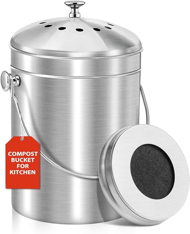 ENLOY Compost Bucket for Kitchen Countertop, 1.3 Gallon, Stainless Steel — best compost kitchen pails for compost