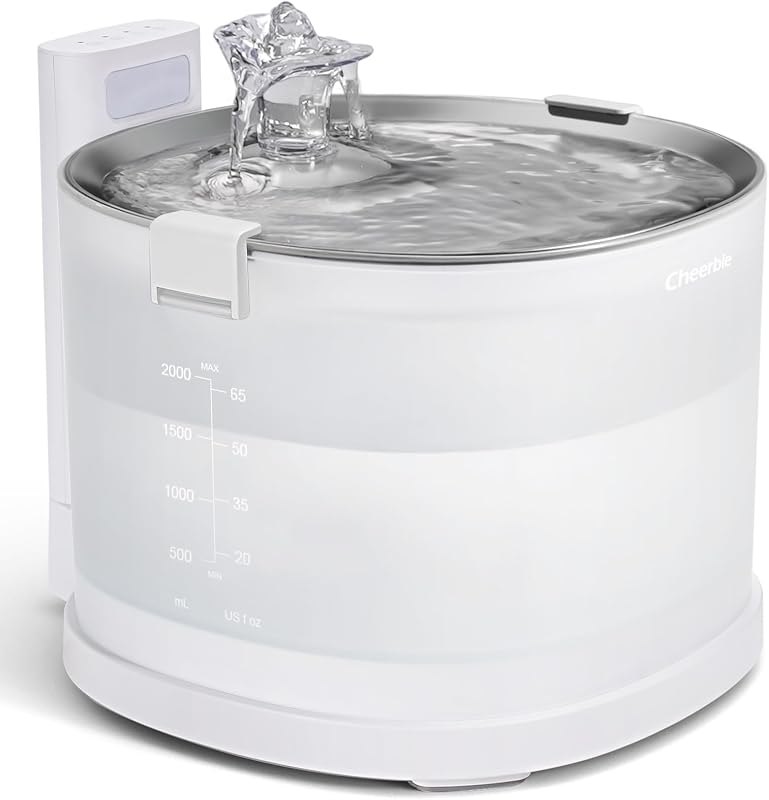 Cheerble Pumpless Cat Water Elfin Fountain, Wireless Pet Fountain Battery Operated, 2L/67oz E1+ Automatic Water