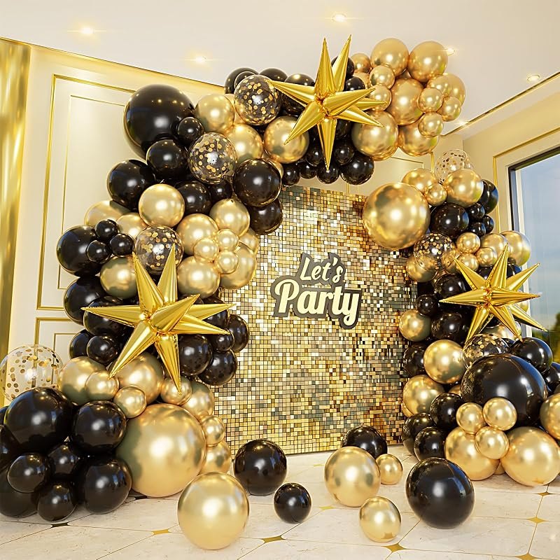 161pcs Black and Gold Balloons Garland Arch Kit with Explosion Star Balloons, 5/10/12/18in Black Gold Confetti Latex