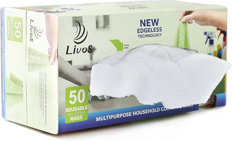 LIVOS 50 Pack Microfiber Cleaning Cloth in Box, Reusable Cleaning Rags, 11.5"x11.5", Edgeless Microfiber Wipes, Lint