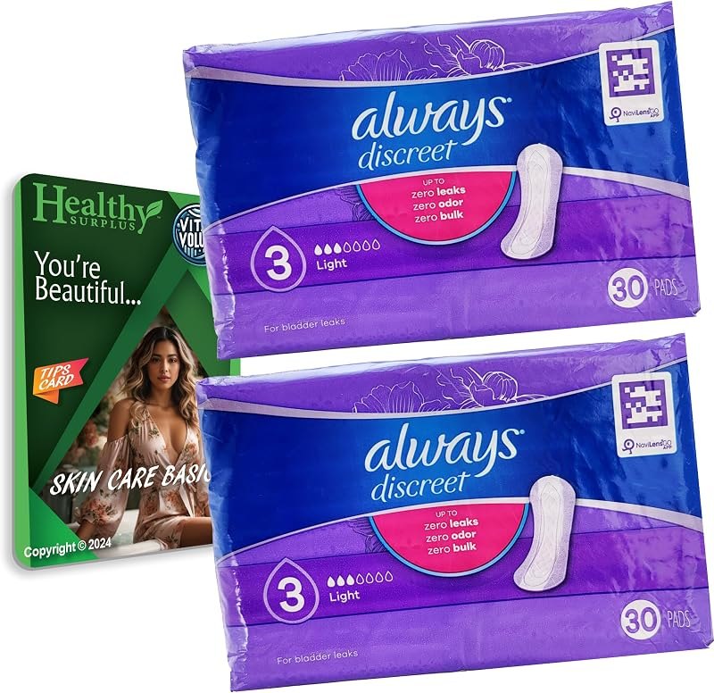 Always Discreet Light 30 Pads 3 Drop Liners for Bladder Leaks Incontinence - 2 Pack (60 Pads Total) - Vital Volumes