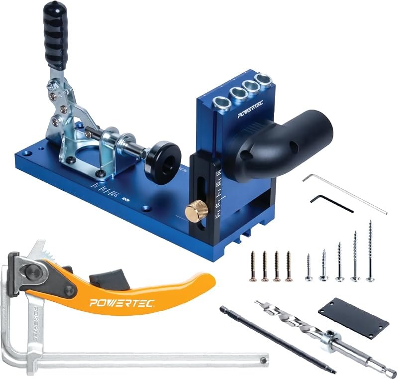 POWERTEC 72104 Aluminum Pocket Hole Jig Set with 7" Quick Release Ratcheting Table Clamp