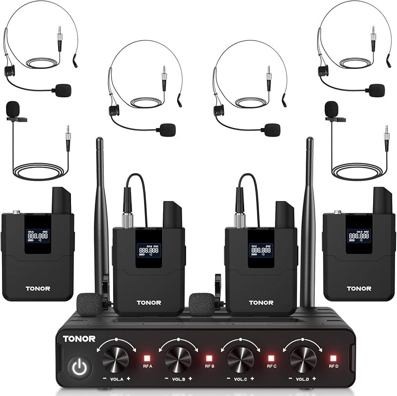 TONOR Wireless Microphones System with UHF Headset/Lavalier Lapel Mics, Bodypack Transmitter, Receiver, 4 * 10