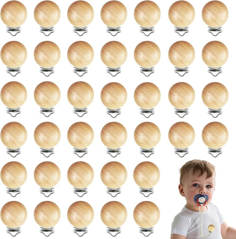 38 Pieces Wood Pacifier Clips Baby Grasping Suspender Clips Natural Beech Wood Pacifier Clip Holder Pacifier Clips