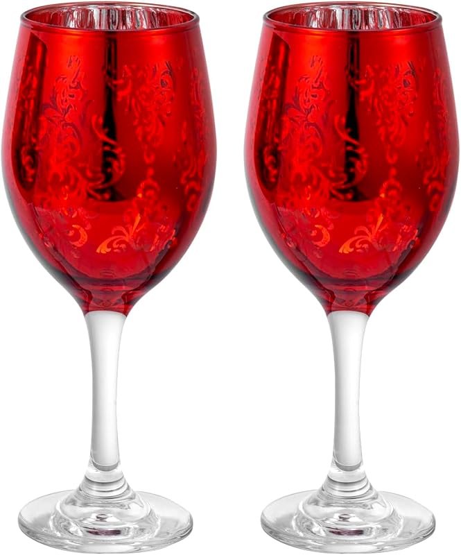 MyGift 10 oz Stemmed Wine Glass Glassware Duo with Red Mirror Finish Etched in Baroque Pattern, Elegant Wine Drinking