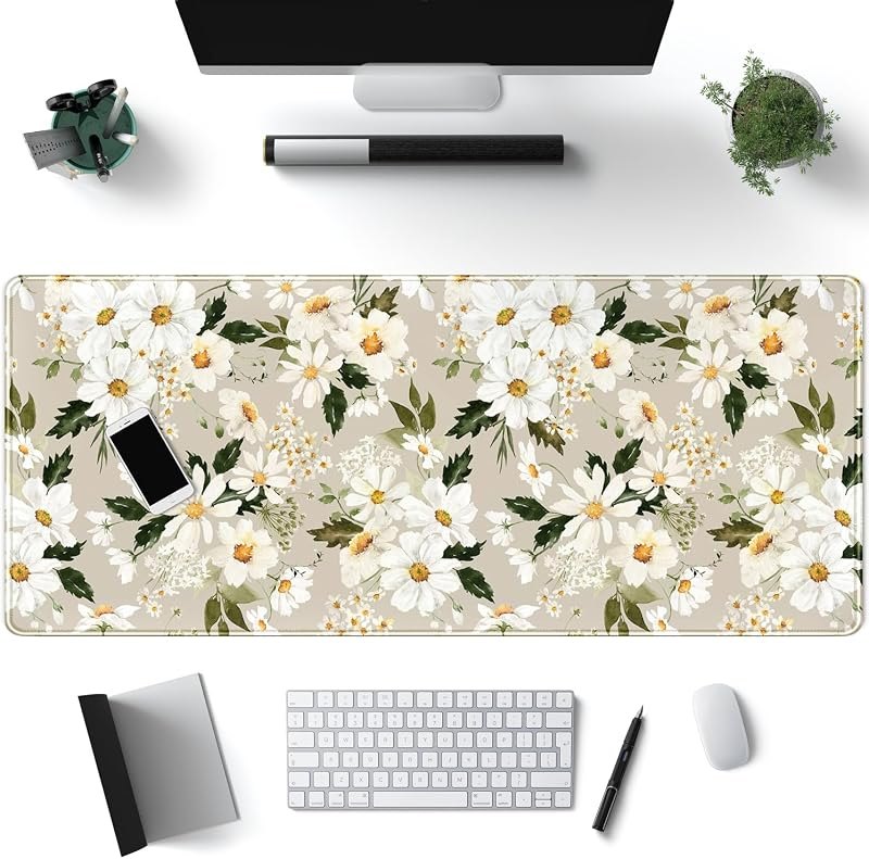 Daisy Floral Daisies Large Mouse Pad Watercolor Flowers Desk Mat, Washable Mousepad LYC Cloth Stitched Edges Women
