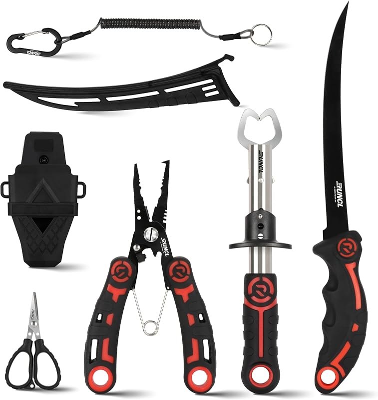RUNCL 4pc Fishing Tool Kit- Fishing Pliers, Fish Fillet Knife with Sharpener, Fish Lip Gripper, Fishing Braid