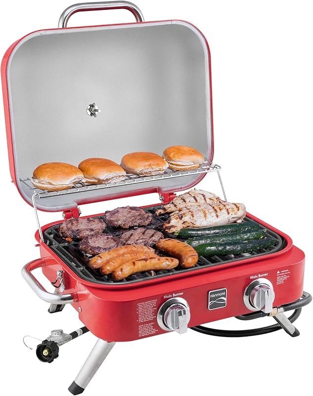 Kenmore Portable Propane Gas Grill - Tabletop BBQ Grill with Warming Rack, 2 Stainless Steel Burners with 14,000 BTUs