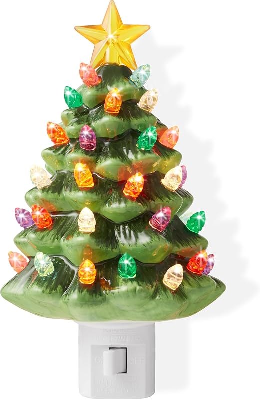 Casafield Ceramic Christmas Tree Night Light - Green Plug-in Vintage Christmas Decorative Night Light with 28 Bulbs