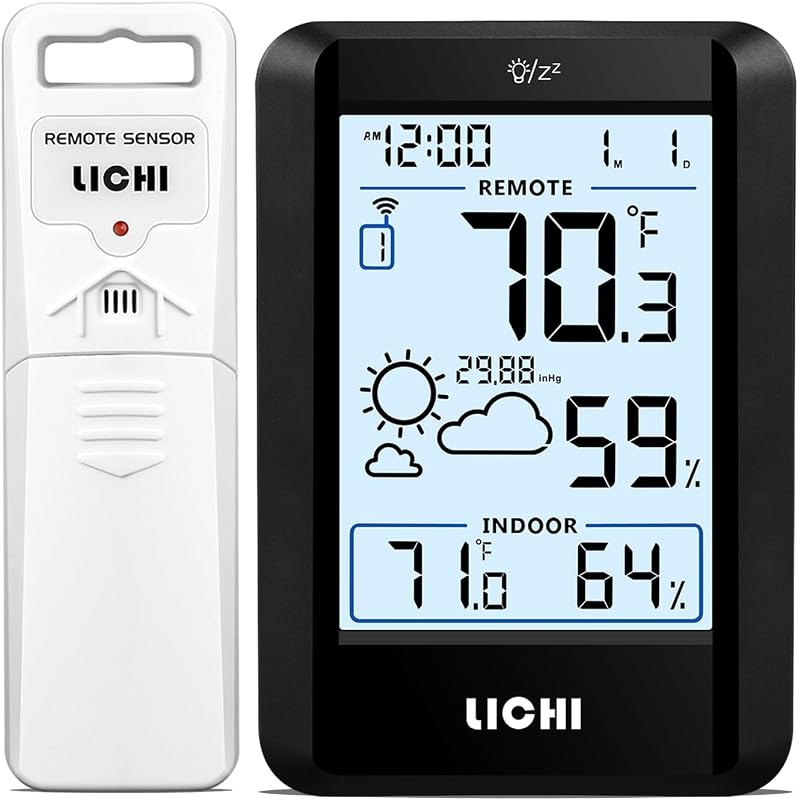 LICHI Indoor Outdoor Thermometer Wireless Weather Stations, with 330ft Range Remote Sensor, Battery Powered Inside and