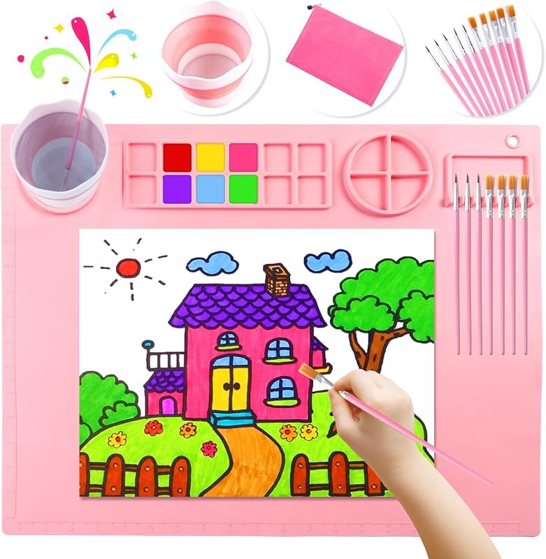 Silicone Craft Mat with Detachable Cup 20X16 Inch Large Silicone Painting Mat for Kids Art Supplies with 10 Painting