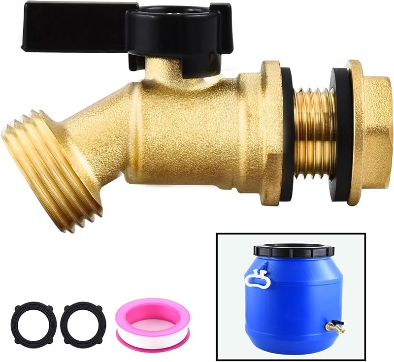 Brass Rain Barrel Spigot with Bulkhead Fitting, Lead-Free 3/4" GHT Male Threaded Quarter Turn Ball Valve, Rain Barrel