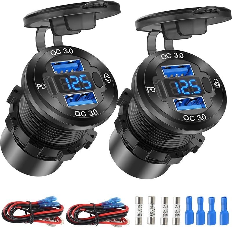2 Pack 12V USB Outlet Wire Aluminum Car Charger Multi Port, Dual Quick Charge 3.0 Port and PD USB C Socket with