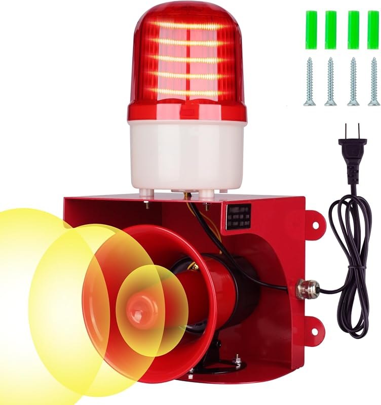 AC110V Industrial Siren Alarm Strobe Light-120dB Loud Horn&Red Beacon Warning Light,Waterproof Indoor/Outdoor Safety