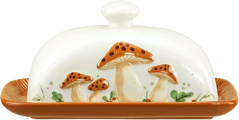 Ceramic Butter Dish with Lid Butter Keeper Butter Plate Tray for Kitchen Countertop Mushroom Pattern Butter Crock