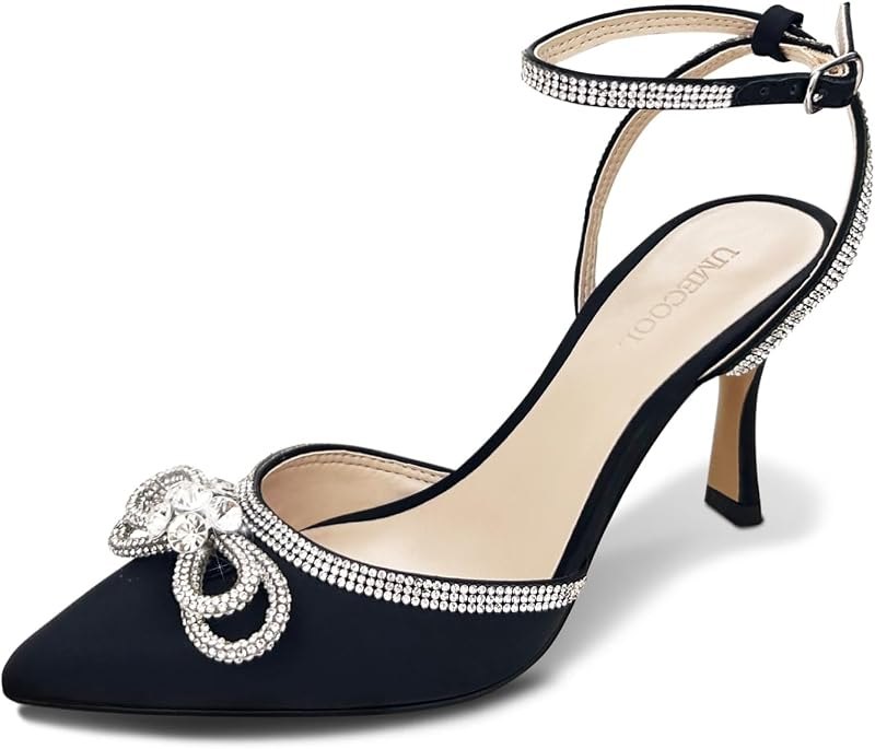 Rhinestone Bow Heels for Women, Slingback Kitten Heels Pumps Stilettos Satin, Closed Pointed Toe Ankle Strap Kitten