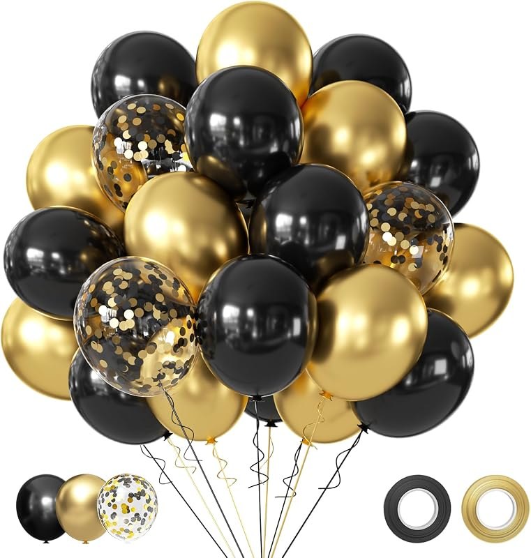 Black and Gold Balloons, 50Pcs 12 Inch Black Gold Confetti Balloons with Ribbons for Birthday,Graduation,New