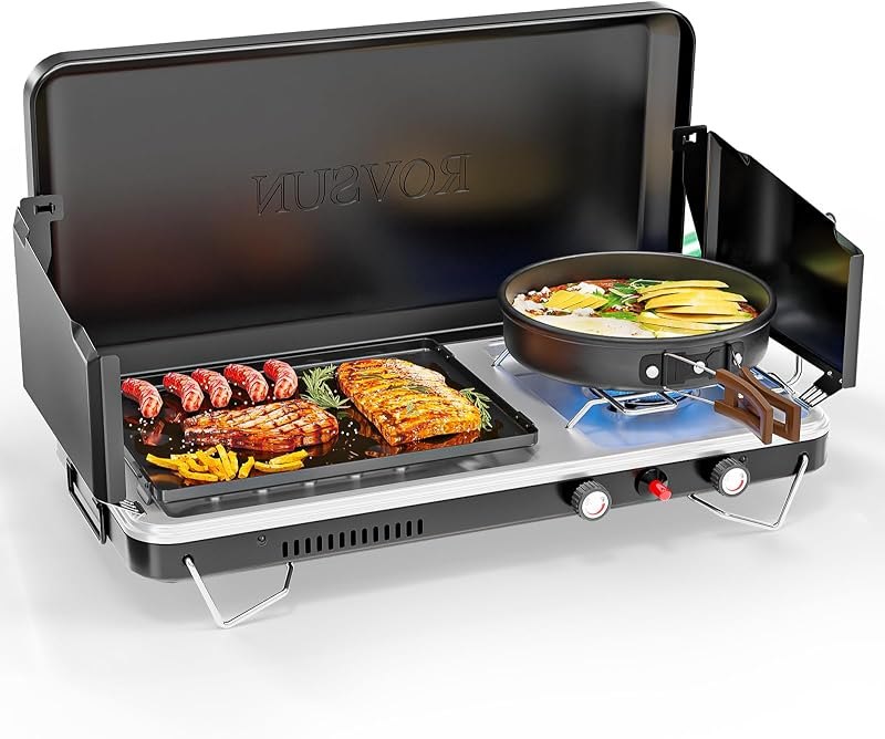 ROVSUN 2-in-1 Portable Camping Stove & Propane Grill with Enamel Griddle & Piezo Igniter, Tabletop Camp Stove with
