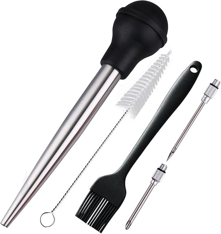 Turkey Baster, Baster Syringe for Cooking, Stainless Steel Baster with Marinade Injector Neddles &BBQ Brush & Cleaning