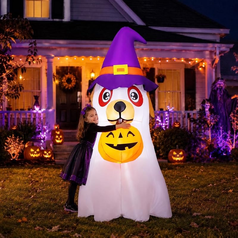 GOOSH 6.2 FT Halloween Inflatables Dog Outdoor Decorations Blow Up Yard Cute Puppy Ghost with Pumpkin with Built-in