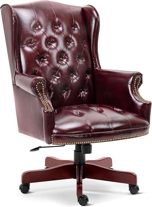 Big and Tall Executive Office Chair, Ergonomic 360° Swivel Recliner Chair, Retro Burgundy Faux Leather Home Office