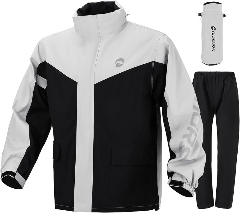Oumurs Men's Motorcycle Rain Suit Waterproof Jacket & Pants with Reflective Strips, Breathable Mesh Lining Riding
