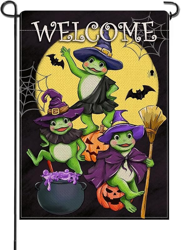 Artofy Welcome Halloween Frog Small Decorative Garden Flag, Moon Jack O — halloween spider web decoration for