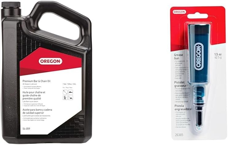 Oregon Premium Bar and Chain Oil, Grease Gun for Chainsaws - 1 Gallon Bottle Oil, Pre Loaded Lubricant Gun — chainsaw