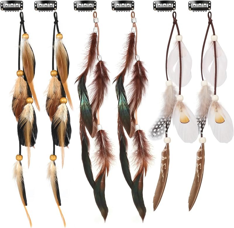 MWOOT 6Pcs Feather Hair Clips, Hippie Feather Hair Extensions with Clip Comb, Indian Tassels Beads Hair Piece for