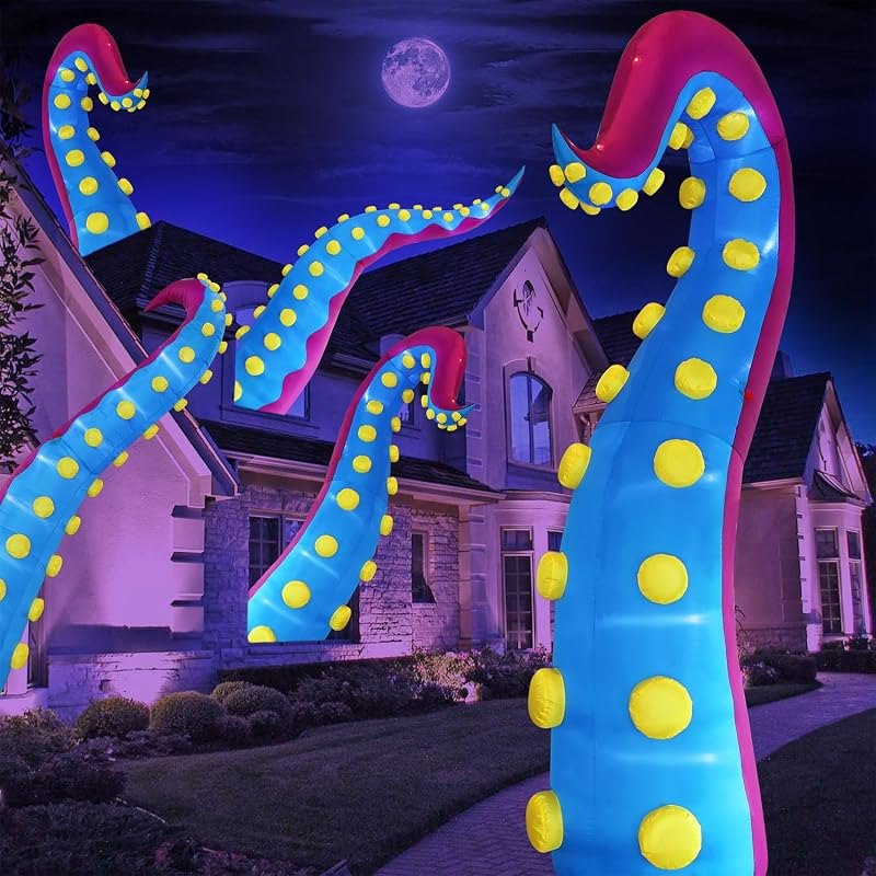Juegoal 1 PCS Halloween Decorations 11.5FT Tall Inflatable Lighted Giant Octopus Tentacle, Octopus Legs with Lights