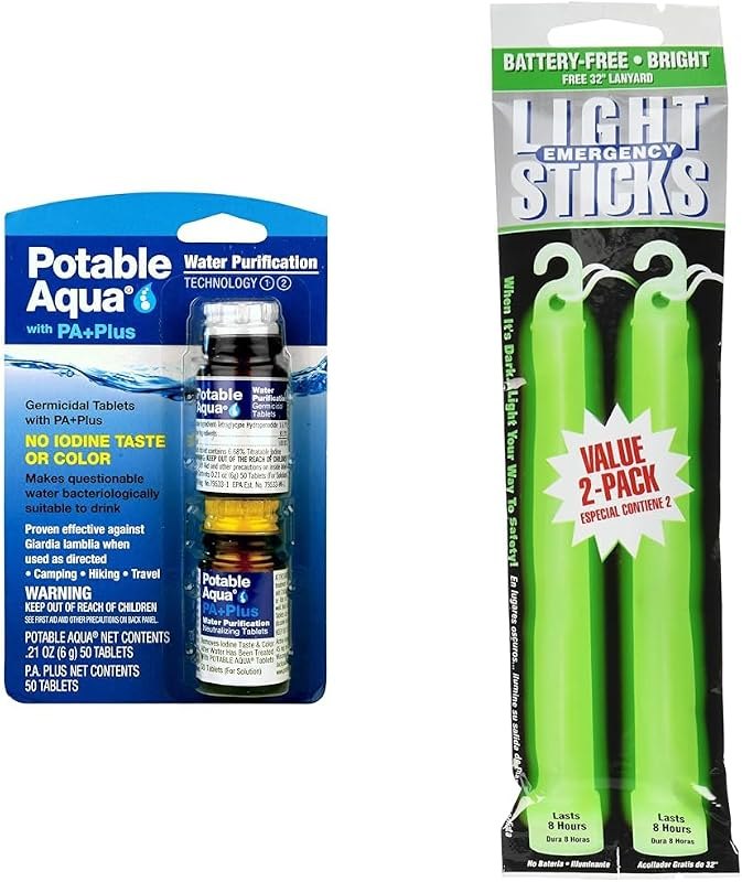 Potable Aqua Water Purification Tablets 2-50ct Bottles and Ready America 8-Hour 2-Pack Green Emergency Lighsticks —