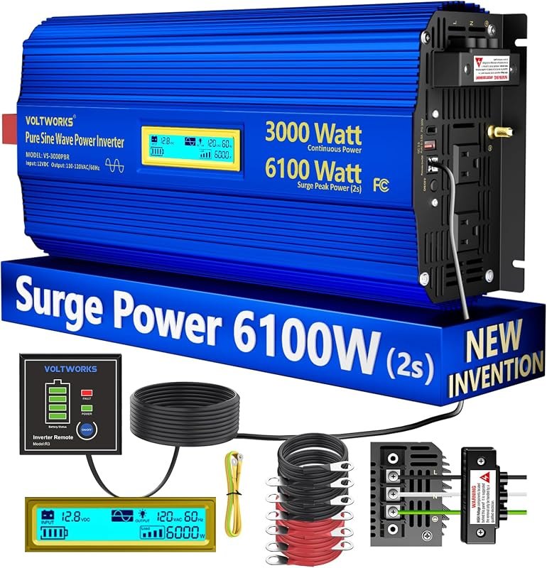 3000 Watt Pure Sine Wave Power Inverter 3000W 12V to 110V 120V AC, 6100W Surge Peak Power for 2 Seconds, UL Fuses