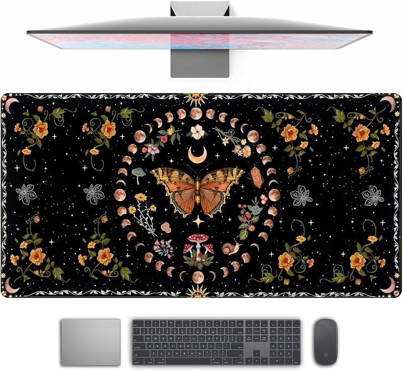 Moth Desk Pad Mushroom Phase Moon Phase Desk Mat, Boho Flowers and Leaves Computer Big Mouse Pad Washable Cloth