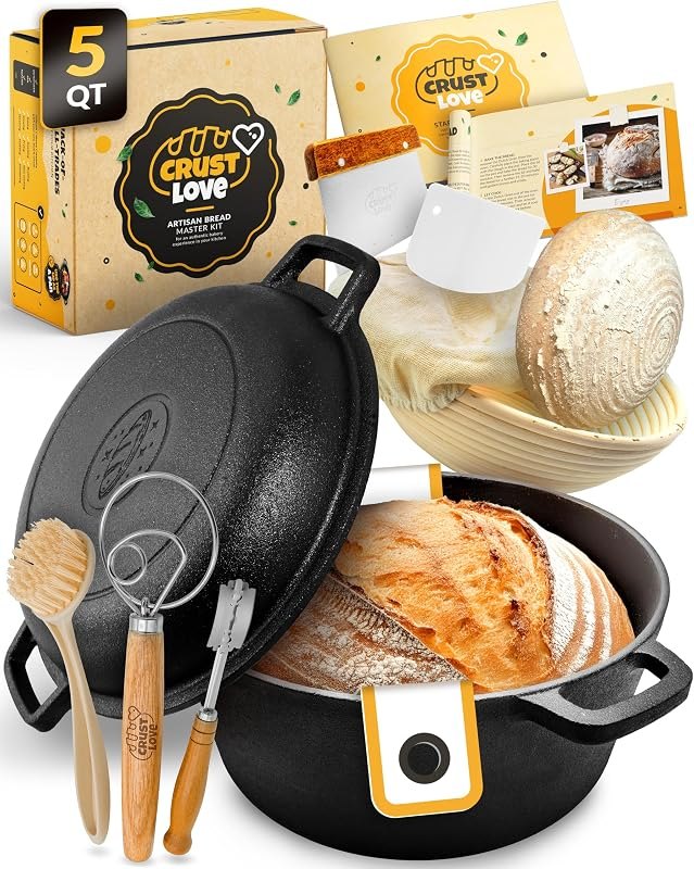 CRUSTLOVE 5 QT Pre-Seasoned Dutch Oven for Bread Baking with Lid and Kit — cast iron dutch oven for cast iron dutch oven