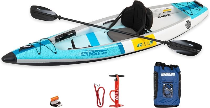 Sea Eagle EZLITE 10 Ultralight, All Woven, Drop Stitch, Rigid, High Performance, Easy Setup, 10' Solo Inflatable Kayak