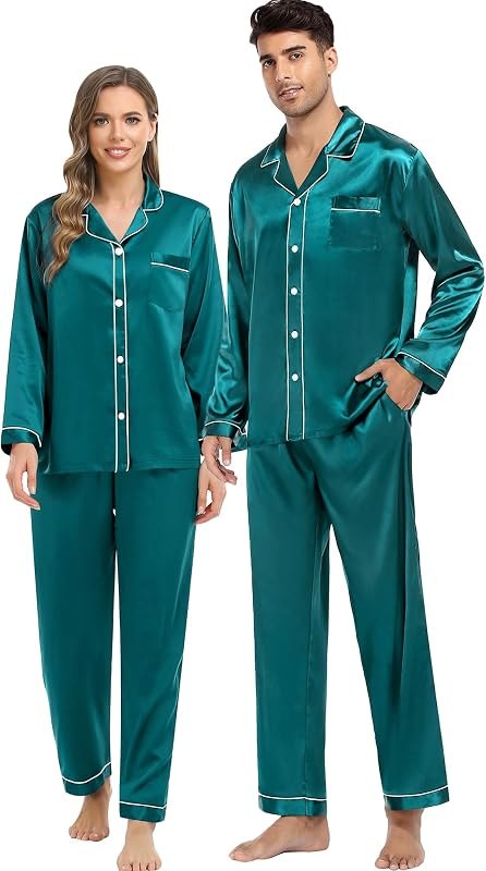 Family Silky Satin Pajama Set Long Sleeve Pj Set Button Dwon Loungewear 2 PCS Sleepwear Set — couples matching pajamas