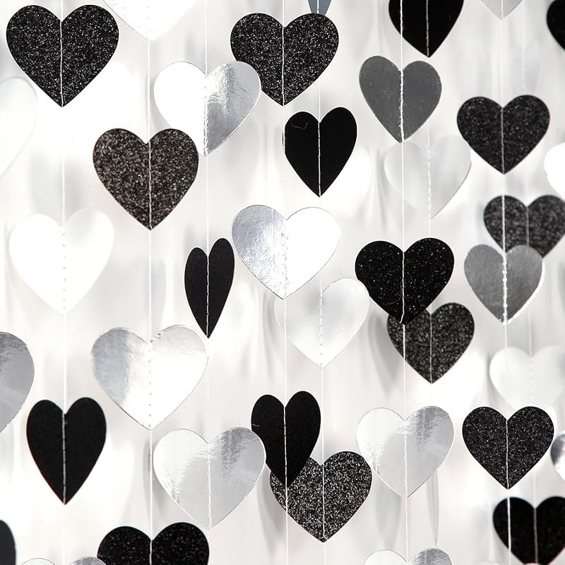Black White-Silver Party-Decoration Heart Garland - 52ft 21st Men Birthday New Years Eve Hanging Backdrop